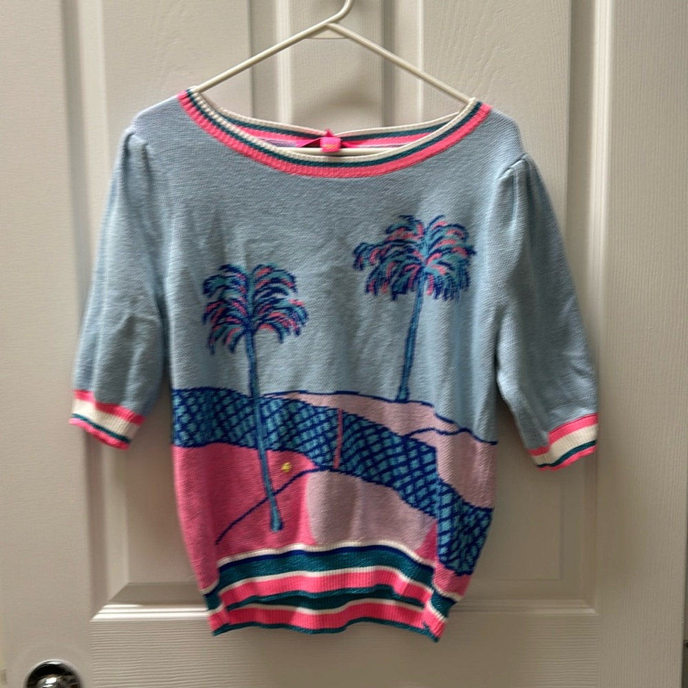 Lily Pulitzer, sweater, blue/pink palm tree print , elbow length sleeves